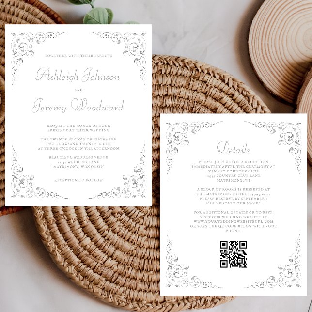 Budget Silver Foliage QR Code Wedding Invitation (Creator Uploaded)