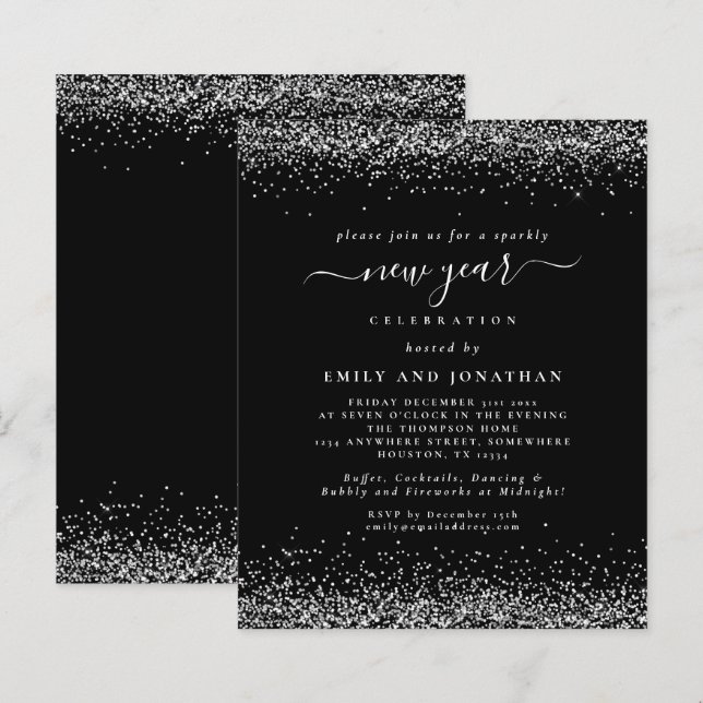 Budget Silver Gilitter Black New years Party Invit (Front/Back)