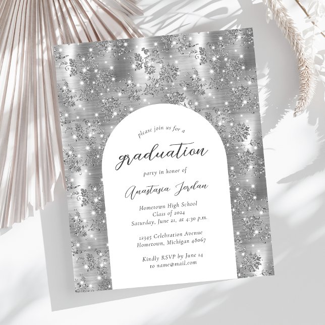 Budget Silver Glam Floral Arch Graduation Invite (Creator Uploaded)