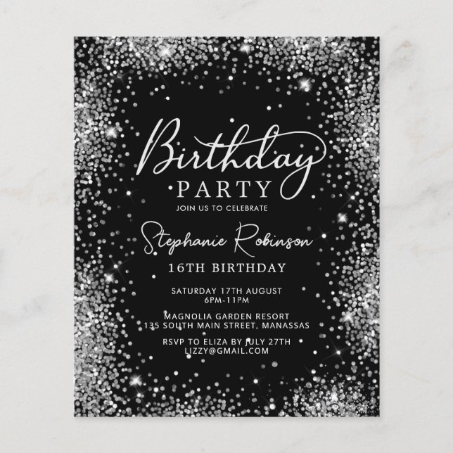 Budget Silver Glitter Black 16th Birthday Invite (Front)