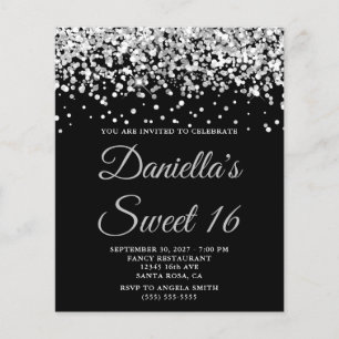 Budget Silver Glitter Black Sweet 16 Invitation