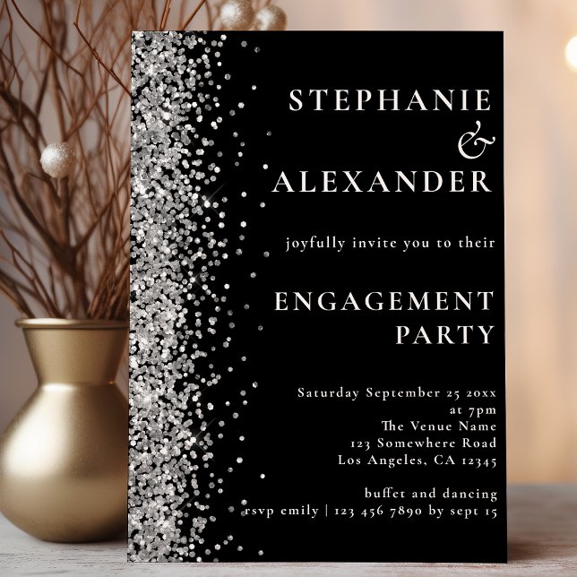 Budget Silver Glitter Engagement Party Black Invit (Creator Uploaded)