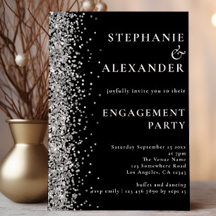 Budget Silver Glitter Engagement Party Black Invit