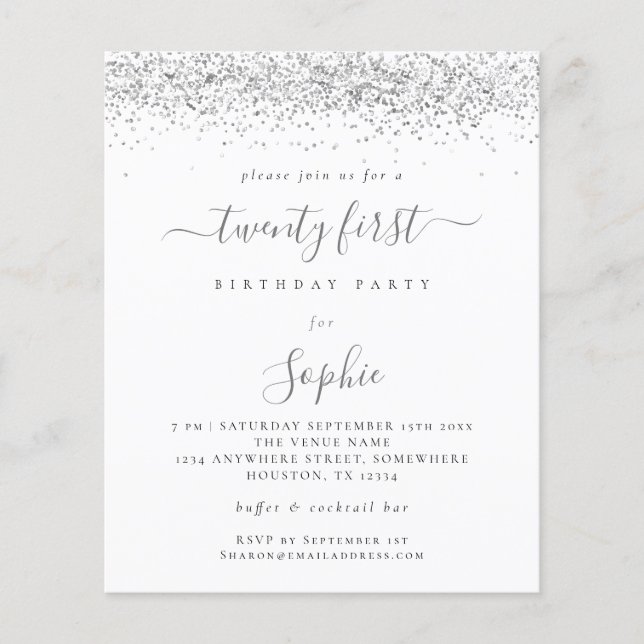 Budget Silver Glitter Girly 21st Party Invitation (Front)