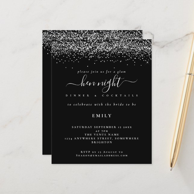 Budget Silver Glitter Hen Night Black Invitation (Front/Back In Situ)