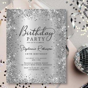 Budget Silver Glitter Metal 18th Birthday Invite