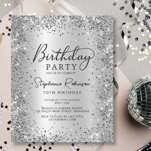 Budget Silver Glitter Metal 70th Birthday Invite