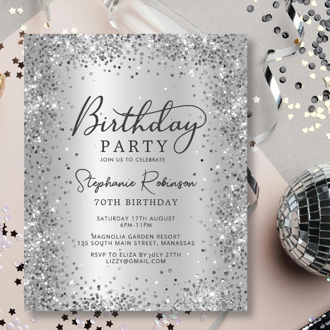 Budget Silver Glitter Metal 70th Birthday Invite (Creator Uploaded)