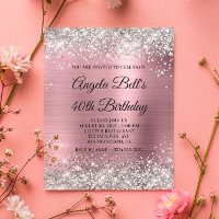 Budget Silver Glitter Pink 40th Birthday Invite