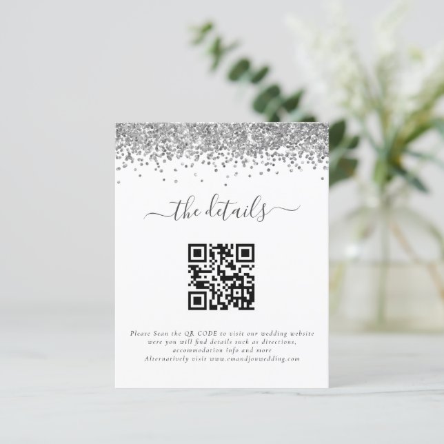 Budget Silver Glitter QR Code Wedding Details (Standing Front)