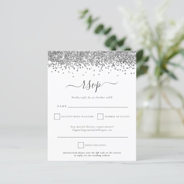 Budget Silver Glitter QR Code Wedding RSVP (Standing Front)