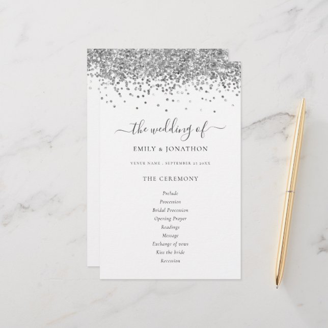 Budget Silver Glitter Script Wedding Program (Front/Back In Situ)