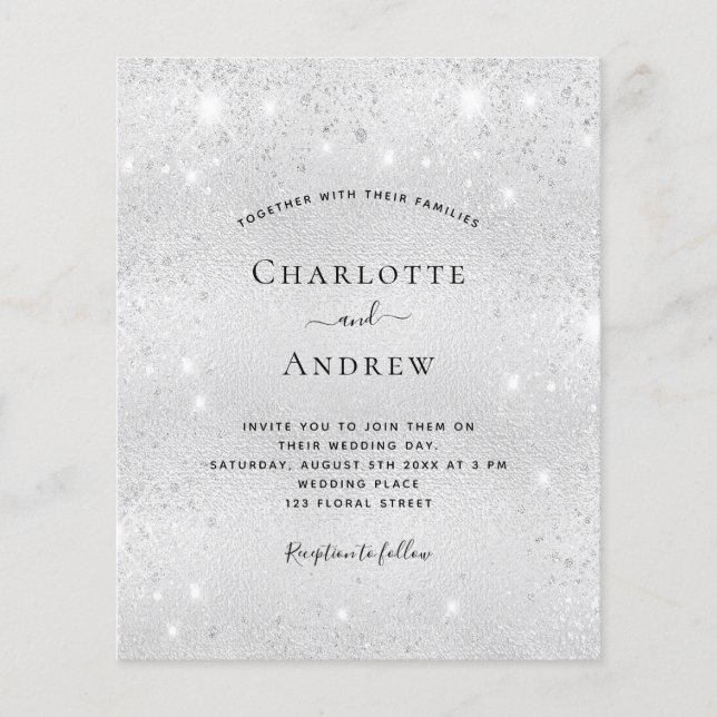 Budget silver glitter wedding invitation RSVP (Front)