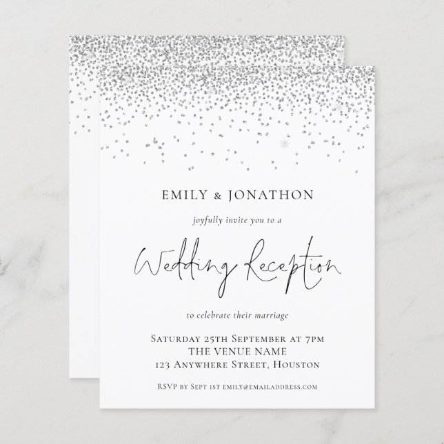 Budget Silver Glitter Wedding Reception Invitation (Front/Back)