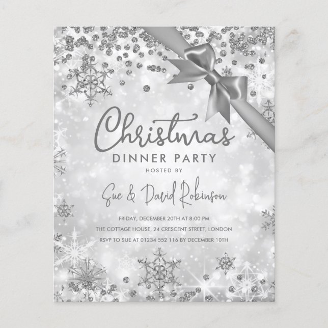Budget Silver Glitter Xmas Winter Holiday Invite Flyer (Front)