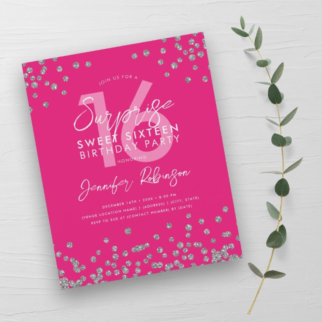 Budget Silver Hot Pink Confetti Sweet 16 Invite (Budget Silver Hot Pink Confetti Sweet 16 Invite)