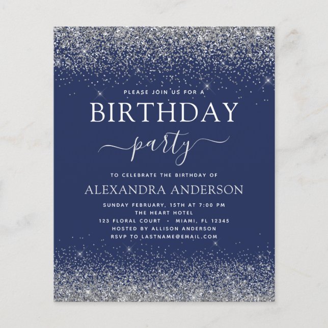 Budget Silver Navy Blue Any Age Birthday Glitter (Front)