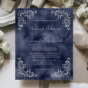 Budget Silver Navy Blue Wedding Invitation