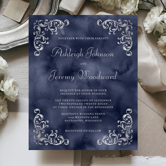 Budget Silver Navy Blue Wedding Invitation (Creator Uploaded)