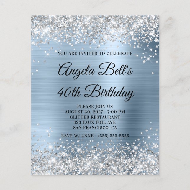 Budget Silver Pale Blue 40th Birthday Invite (Front)