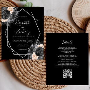 Budget Silver Peach Black Floral QR Code Wedding