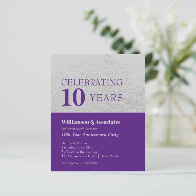Budget Silver Purple Business Anniversary Invites (Standing Front)