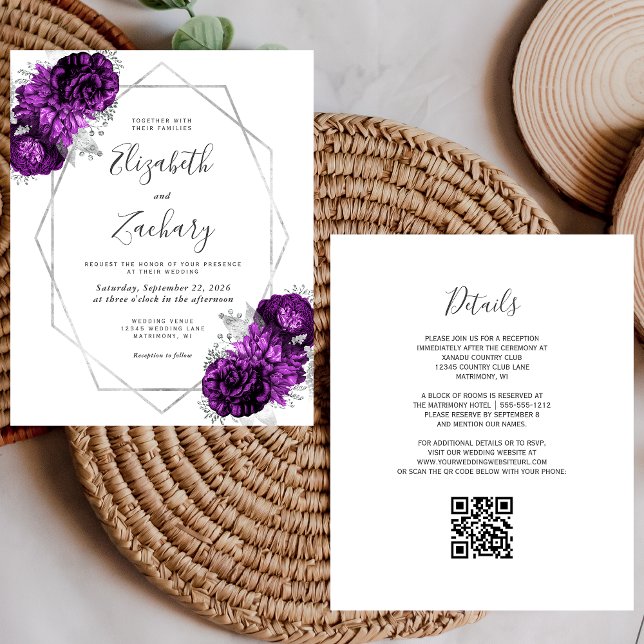 Budget Silver Purple Floral White QR Code Wedding (Creator Uploaded)