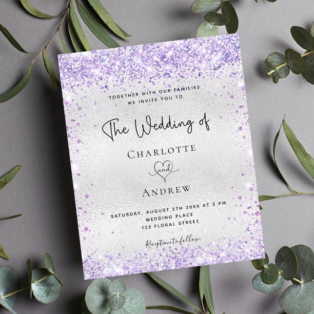 Budget silver purple glitter wedding invitation (Creator Uploaded)