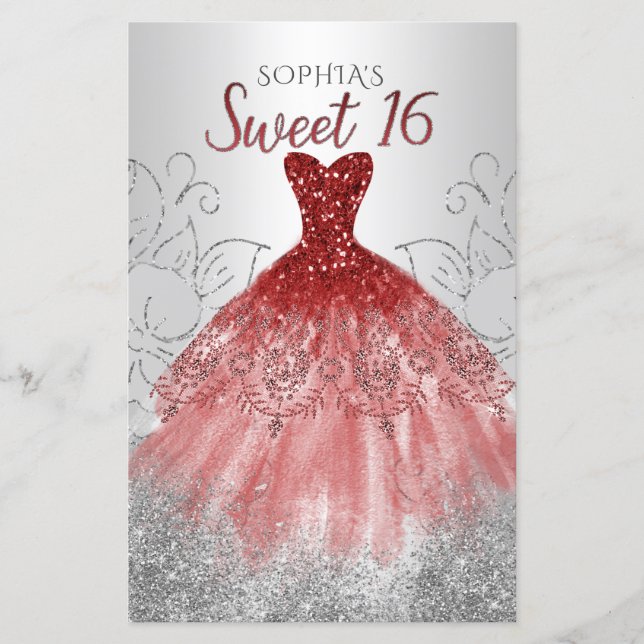 Budget Silver Red Dress Sweet 16 Invitation (Front)