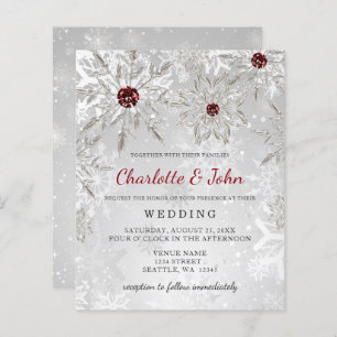 Budget Silver Red Snowflakes Wedding Invitation