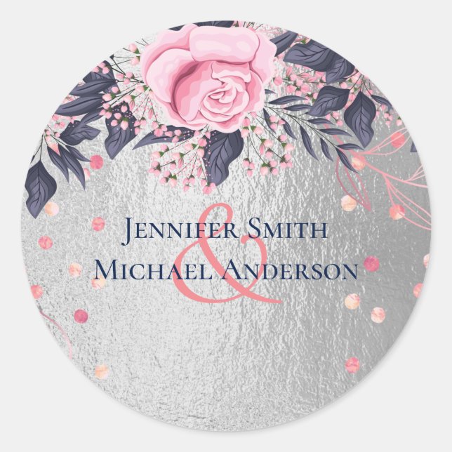 BUDGET Silver Rosegold Navy Pink Metallic Wedding Classic Round Sticker (Front)