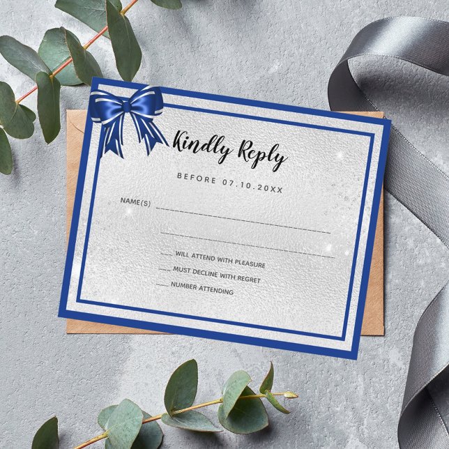 Budget silver royal blue elegant bow wedding RSVP (Creator Uploaded)