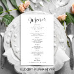 Budget simple black and white wedding menu<br><div class="desc">Simple elegant modern handwritten calligraphy script minimalist budget affordable wedding menu template paper flyer. Easy to personalise with your details! PLEASE READ THIS BEFORE PURCHASING: This is a budget affordable card printed on a FLYER (advertising type of paper suitable for folded mailings). Please note that BUDGET PAPER IS THIN -...</div>