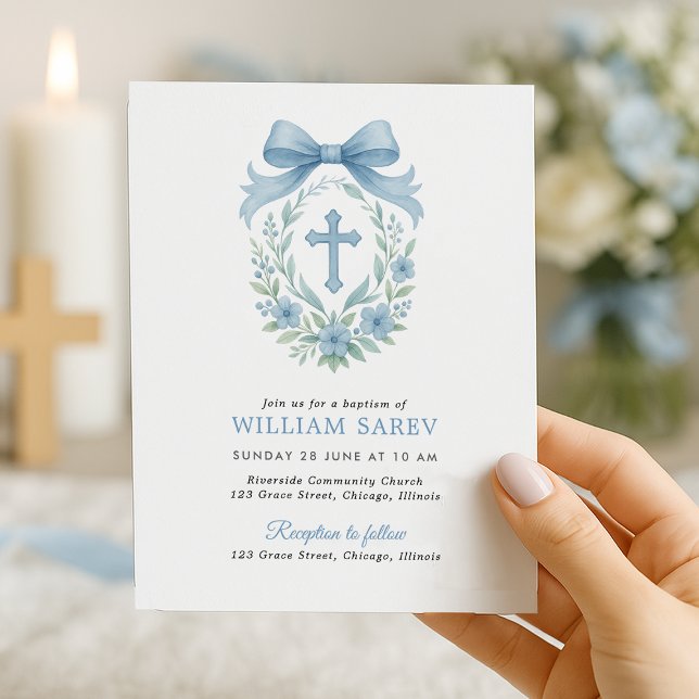 Budget Simple Blue Boy Baptism Invitation with Bow (Elegant boy baptism invite with blue bow and floral cross – held in hand near candlelight)