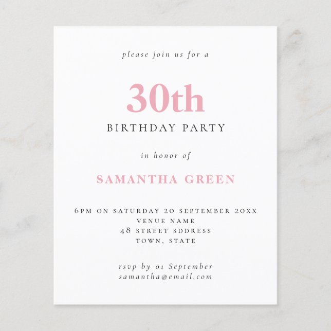 Budget Simple Blush Pink 30th Birthday Invitation (Front)
