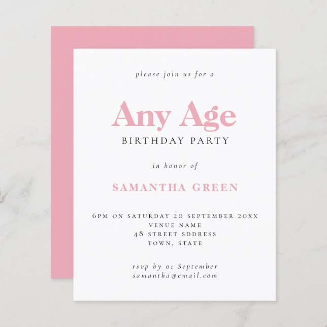 Budget Simple Blush Pink Age Birthday Invitation (Front/Back)