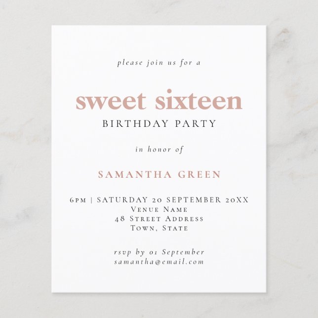 Budget Simple Blush Sweet 16 Birthday Invite (Front)