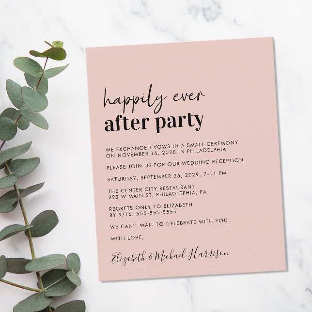 Budget Simple Blush Wedding Reception Invitation (A chic and affordable Happily Ever After Party invitation)