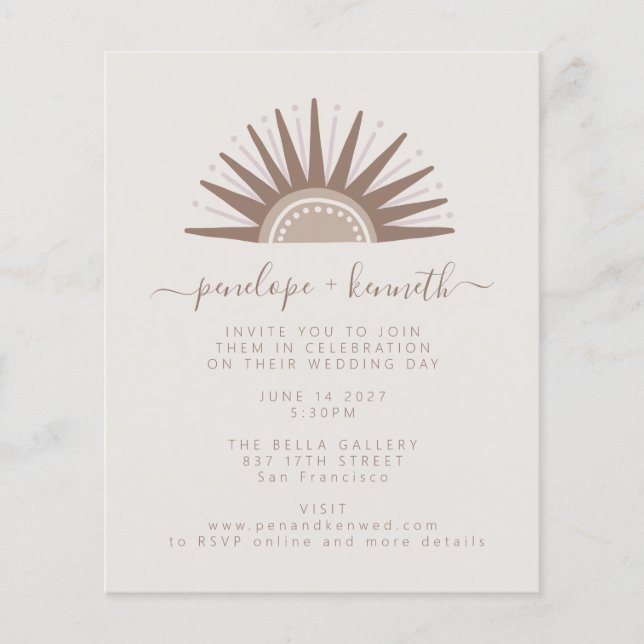 Budget Simple Boho Sun Taupe Wedding Invite (Front)