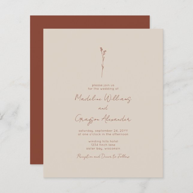 BUDGET Simple Botanical Line Art Wedding Invite (Front/Back)