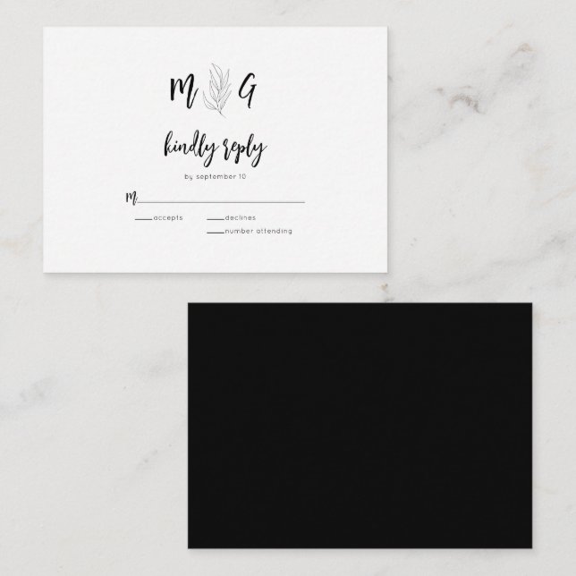 Budget Simple Botanical Monogram Wedding RSVP Note Card (Front/Back)