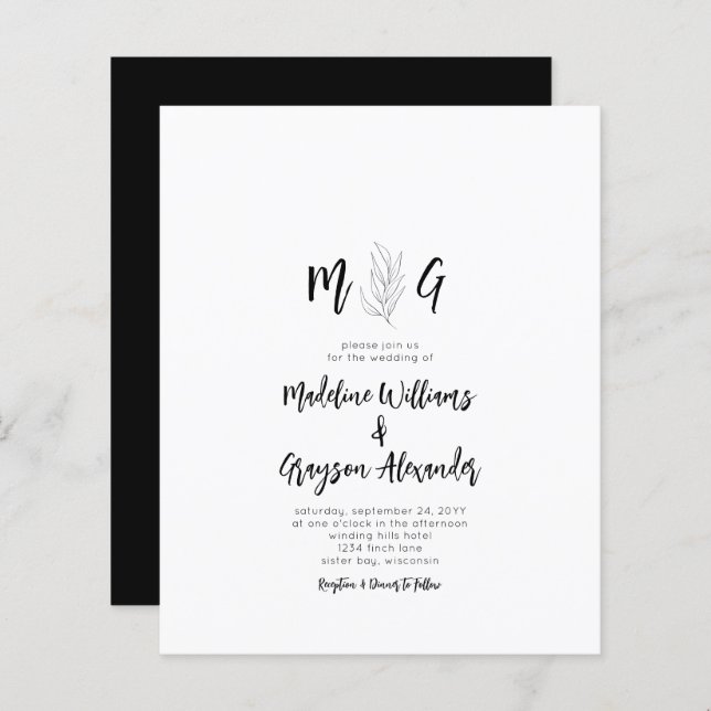 Budget Simple Botanical Script Monogram Wedding  (Front/Back)
