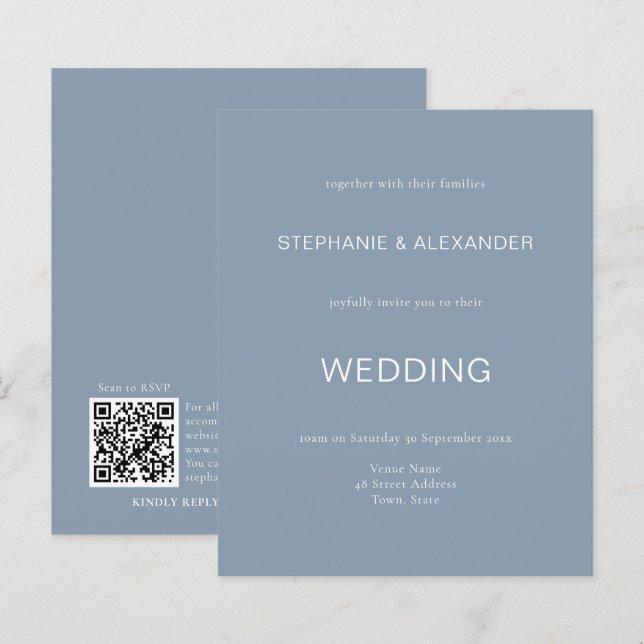 Budget Simple Dusty Blue Wedding QR Code Invite (Front/Back)