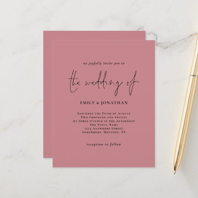 Budget Simple Dusty Rose Pink Wedding Invitation (Front/Back In Situ)