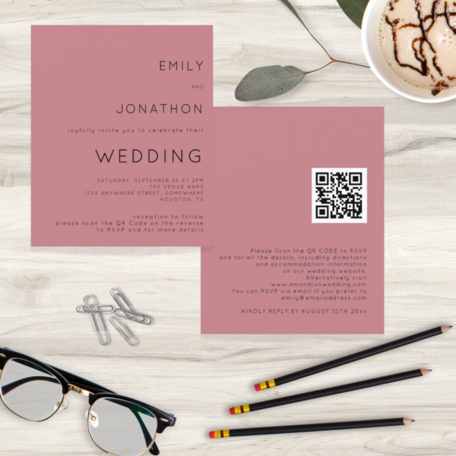 Budget Simple Dusty Rose QR Code Wedding Invite (Creator Uploaded)