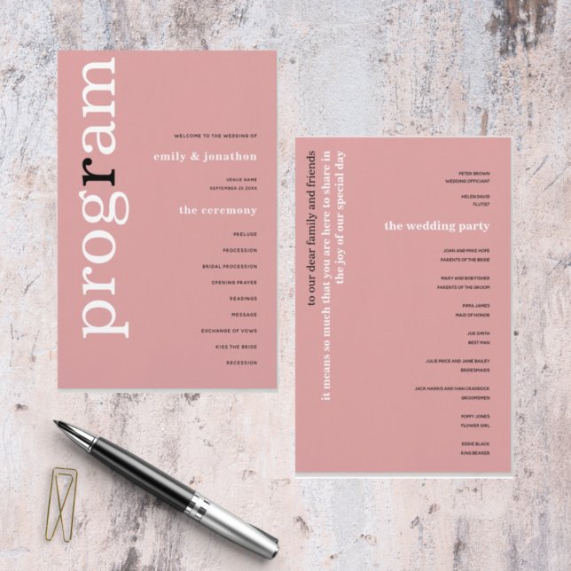BUDGET Simple Dusty Rose Text Wedding Program (Creator Uploaded)