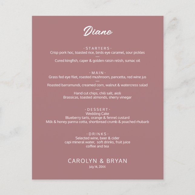 Budget Simple Elegant Desert Rose Wedding Menu (Front)
