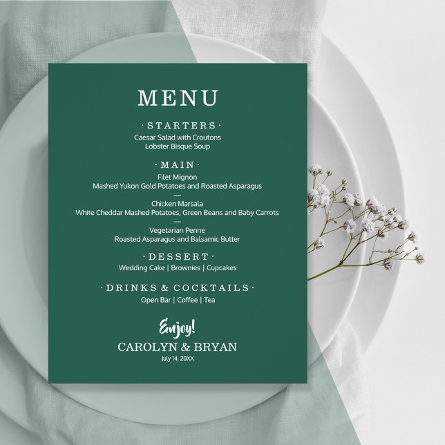 Budget Simple Elegant Emerald Green Wedding Menu (Creator Uploaded)
