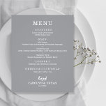 Budget Simple Elegant Grey Wedding Menu<br><div class="desc">An affordable value paper of 80 lb. weight, these small grey dinner menu cards feature your food choices in chic white lettering. Perfect for a modern wedding reception, wedding rehearsal dinner, anniversary party, or any special event with a sit-down dinner. *Measures 4.5" x 5.6" (or choose from 2 other sizes.)...</div>