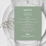 Budget Simple Elegant Sage Green Wedding Menu<br><div class="desc">An affordable, value paper dinner menu card on sage green with your food choices in chic white lettering are perfect for a modern wedding reception, wedding rehearsal dinner, anniversary party or any special event with a sit down dinner. Measures 4.5" x 5.6" (or choose from 2 other sizes) printed on...</div>